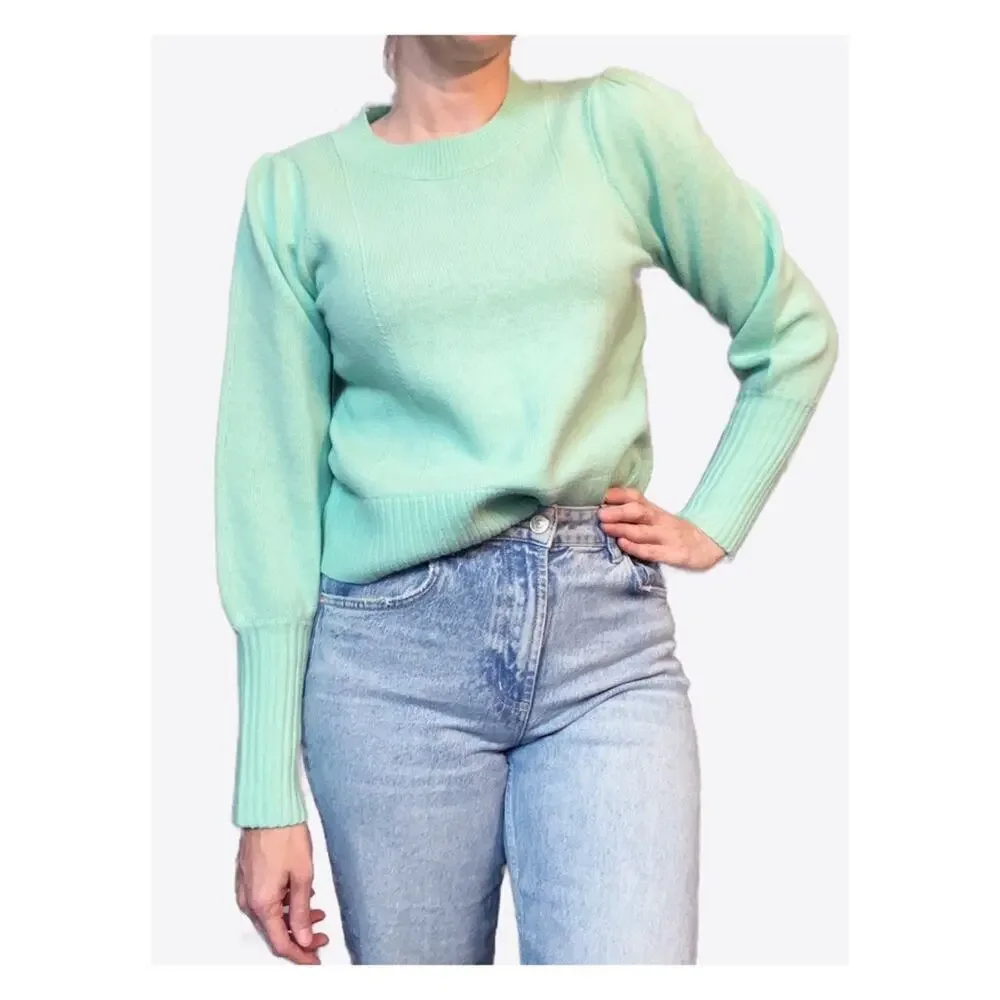 Hill House Sylvie Cropped Knit Merino Wool Sweater Puff Sleeve Mint Green XS